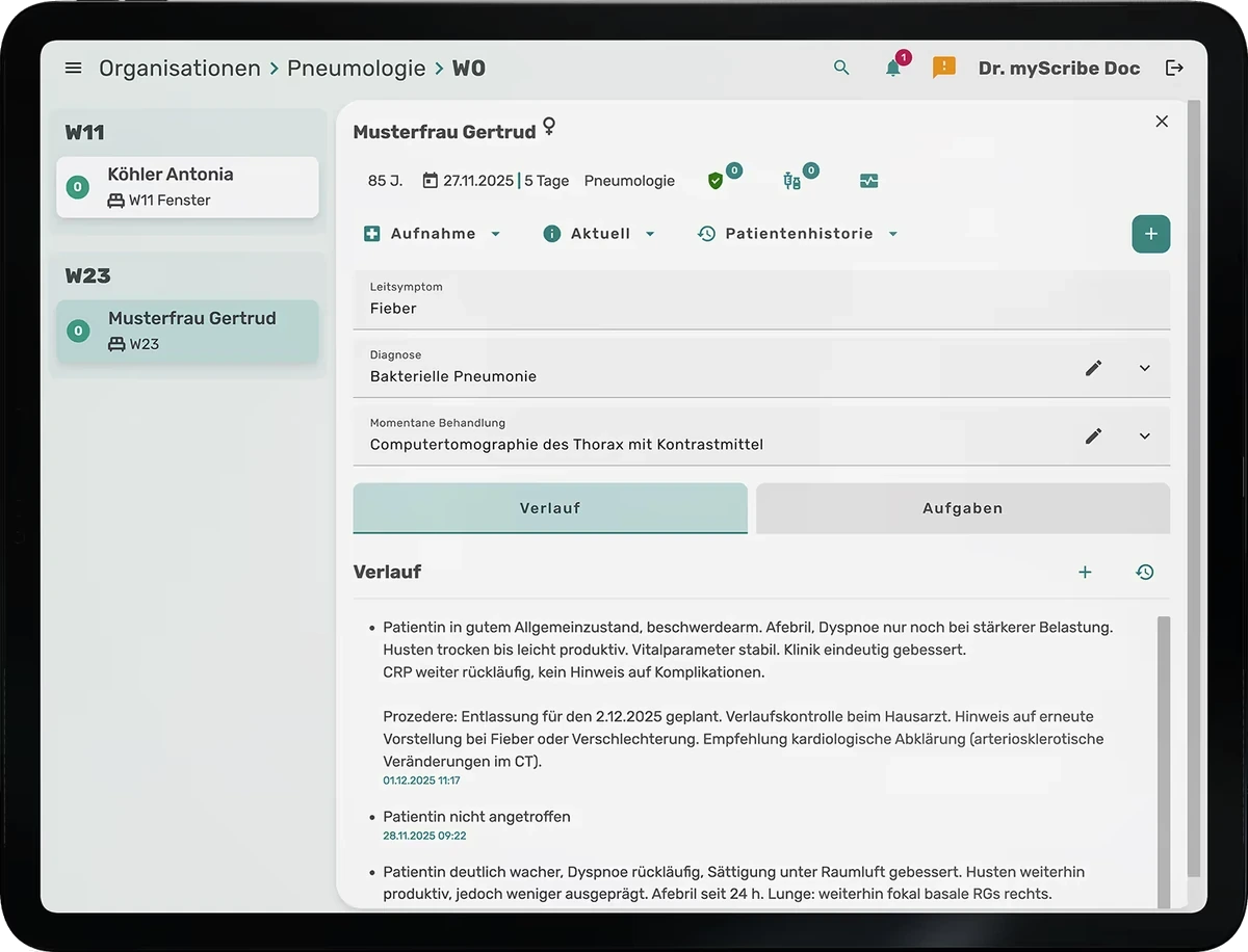 Tablet mit der Visitenansicht der myScribe App
